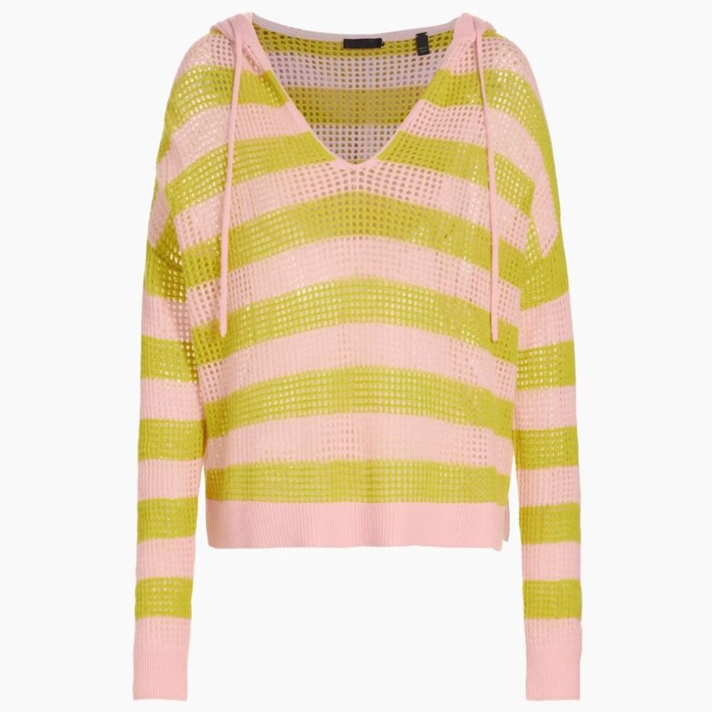NWT ATM Anthony Thomas Melillo Striped Cashmere Mesh Knit Hoodie Pink Moss
